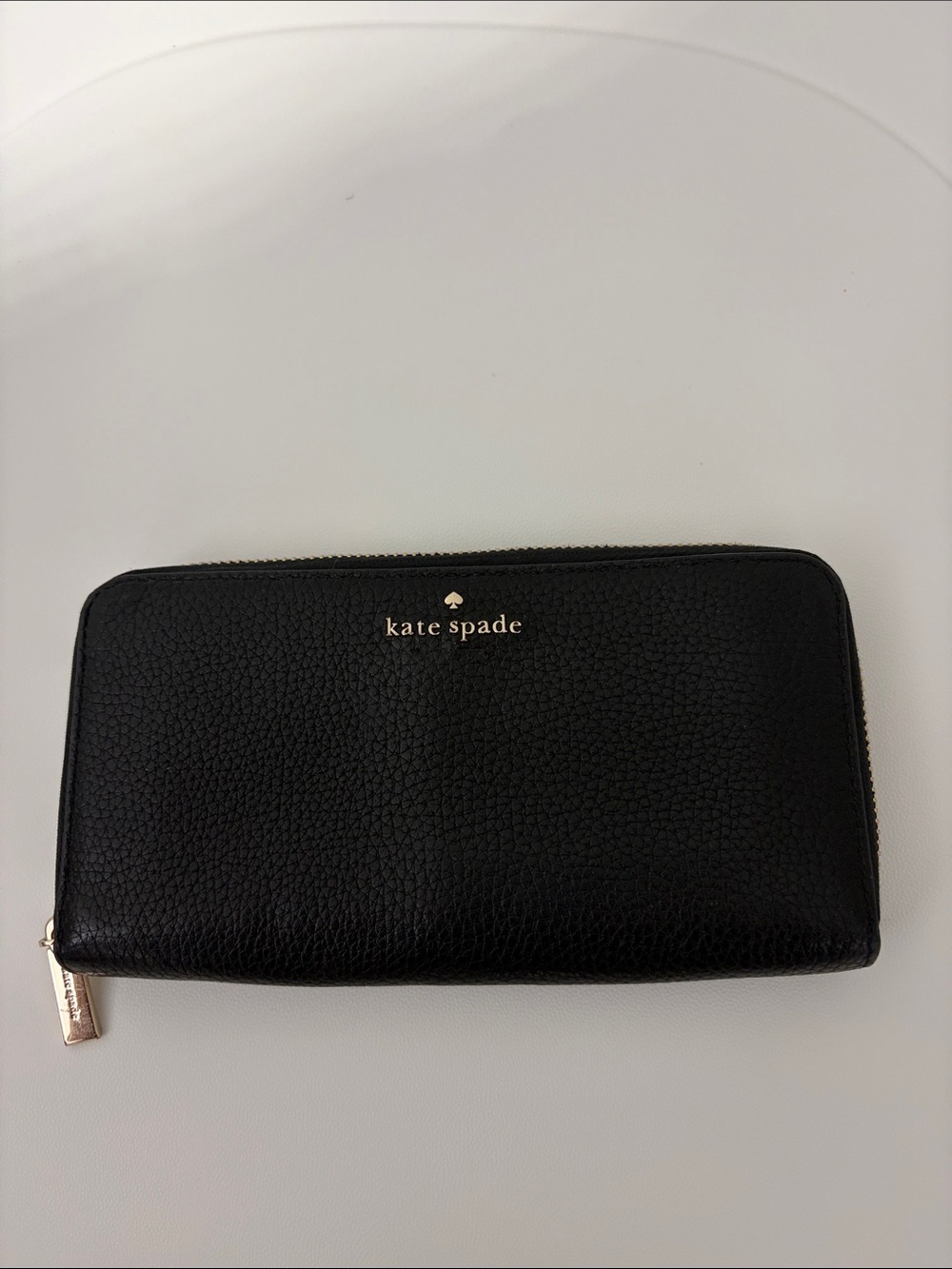 kate spade Black Pebbled Leather Zip Wallet with Gold Logo
